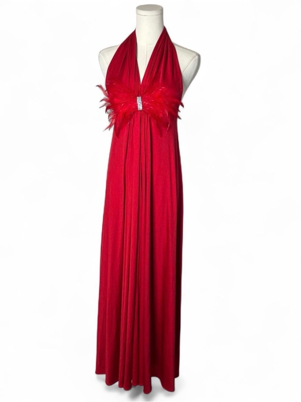 70s Vintage Sak’s Fifth Avenue Young Dimensions Red Feather Halter Maxi Dress